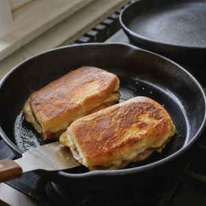 Sándwiches cubanos dorados con queso fundido después de girarlos en la sartén