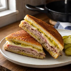 Goldbraun gepresstes kubanisches Sandwich mit Schweinefleisch, Schinken, geschmolzenem Käse, Senf und Gurken