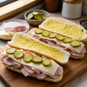Panecillos abiertos con capas de cerdo, jamón, queso suizo, mostaza y pepinillos