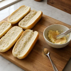 Panecillos abiertos junto a mantequilla de ajo ablandada