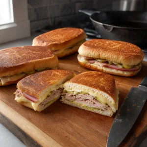 Sándwiches cubanos prensados en una tabla, con uno cortado en diagonal