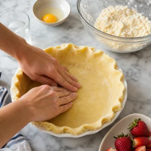 Massa amanteigada pressionada numa tarteira para tarte de morango