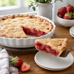 Tarte de morango arrefecida servida com uma fatia firme num prato