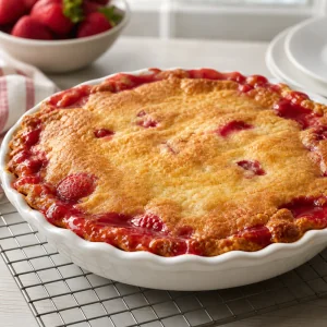 Tarte de morango dourada com fruta a borbulhar nas bordas