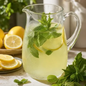 Fresh mint leaves steeping in the lemonade pitcher