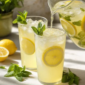 Iced Turkish lemonade poured into glasses with lemon and mint