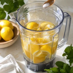 Lemon quarters and syrup in a blender jar