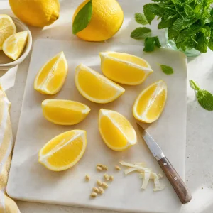 Quartered lemons with seeds removed on a cutting board