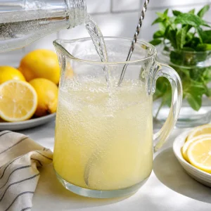Sparkling water poured into a pitcher of lemon base