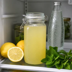 Strained lemon base stored in a glass jar beside sparkling water