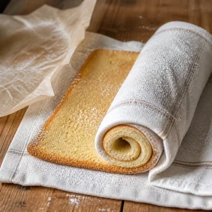 Baked sponge rolled in a powdered sugar towel