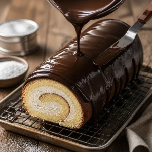 Glossy chocolate glaze covering the cream roll
