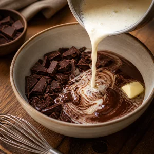 Hot cream poured over chopped chocolate