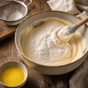 Sifted flour folded into pale sponge batter