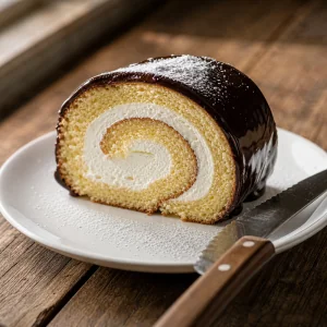 Sliced chocolate cream roll cake on a white plate