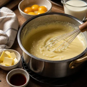 Thick vanilla pastry cream in a saucepan