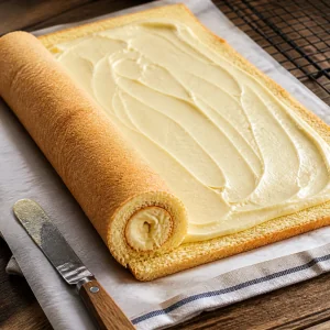 Vanilla pastry cream spread over sponge cake