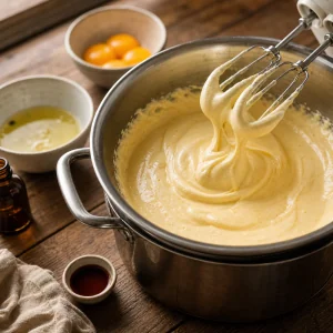 Whipped eggs and sugar in a mixing bowl