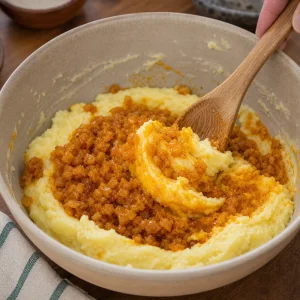 Mistura de cebola com achiote incorporada ao purê de batata