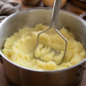 Batatas cozidas sendo amassadas até ficarem lisas