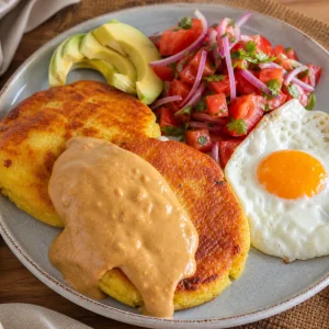 Fertige Llapingachos mit Erdnusssauce, Salat, Avocado und Spiegelei