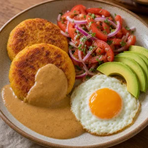 Llapingachos servidos com molho de amendoim, salada, abacate e ovo frito
