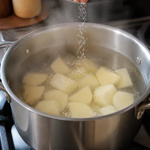 Pedaços de batata fervendo em água com sal