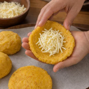 Queijo ralado sobre um bolinho de batata achatado