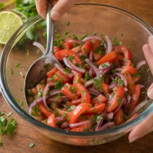 Salada de tomate e cebola misturada com coentro e limão