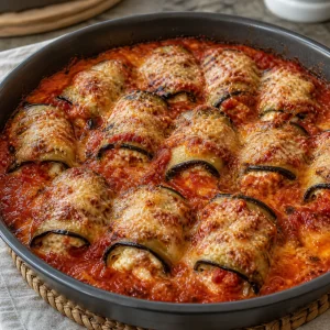 Gebackene Auberginen-Involtini mit blubbernder Sauce und gebräuntem Parmesan