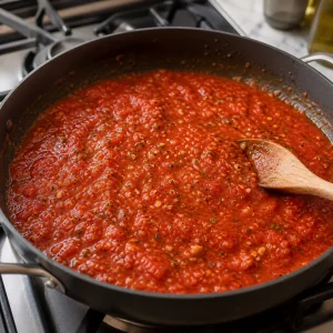 Stückige Tomatensauce köchelt mit Knoblauch und Kräutern