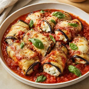 Involtini de berenjena terminados con salsa de tomate y albahaca