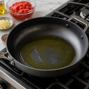 Olivenöl erwärmt sich in einer breiten Pfanne für Tomatensauce