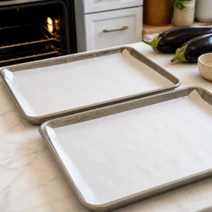 Mit Backpapier ausgelegte Bleche für Auberginen