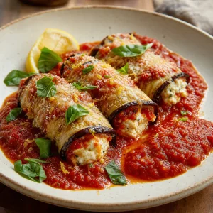 Angerichtete Auberginen-Involtini mit Basilikum und zusätzlicher Tomatensauce