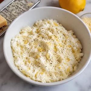 Füllung aus Ricotta, Mozzarella, Parmesan, Zitronenschale und Pfeffer in einer Schüssel