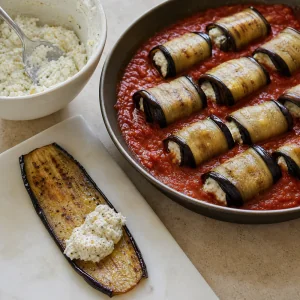 Geröstete Aubergine mit Ricotta gefüllt und in Tomatensauce gerollt