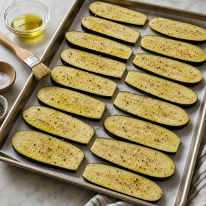 Auberginenscheiben mit Öl bestrichen und auf dem Blech gewürzt