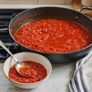 Tomatensauce mit einer Schale zurückbehaltener Sauce zum Servieren