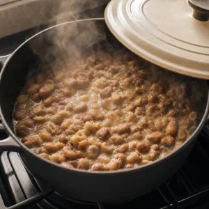 Fava beans simmering under a slightly open lid
