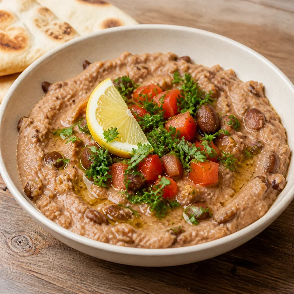 Finished ful medames with lemon, tomato, parsley, olive oil, and pita