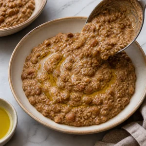 Ful medames spooned into a shallow bowl with olive oil drizzle