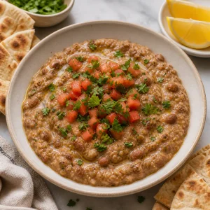 Ful medames topped with tomato and parsley and served with pita