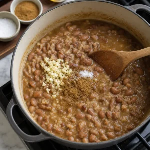 Garlic, cumin, and salt stirred into simmering fava beans