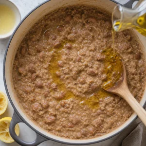 Lemon juice and olive oil stirred into mashed fava beans