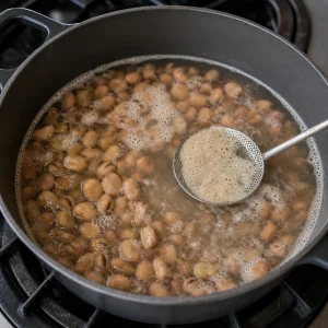 Soaked fava beans boiling in a pot as foam is skimmed