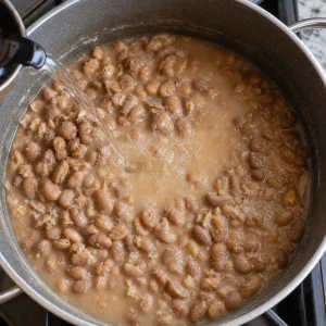 Tender fava beans in thick cooking liquid with hot water being added