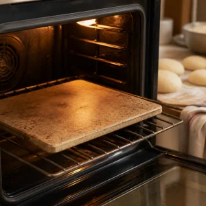 A baking stone preheating inside a hot oven for Egyptian sourdough pocket bread.