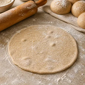 A ball of whole wheat dough rolled into a thin round flatbread before baking.