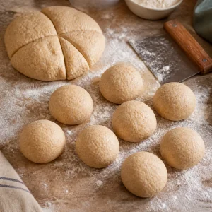 Eight pieces of baladi bread dough shaped into smooth balls on a floured work surface.